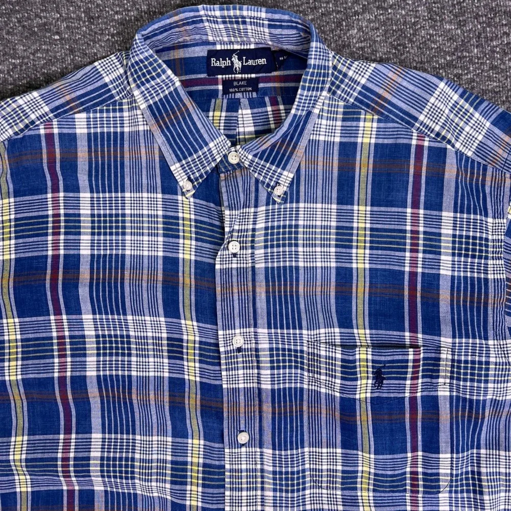 Ralph Lauren Shirt Mens L‎ Blue Plaid Blake Cotton Short Sleeve Classic Casual